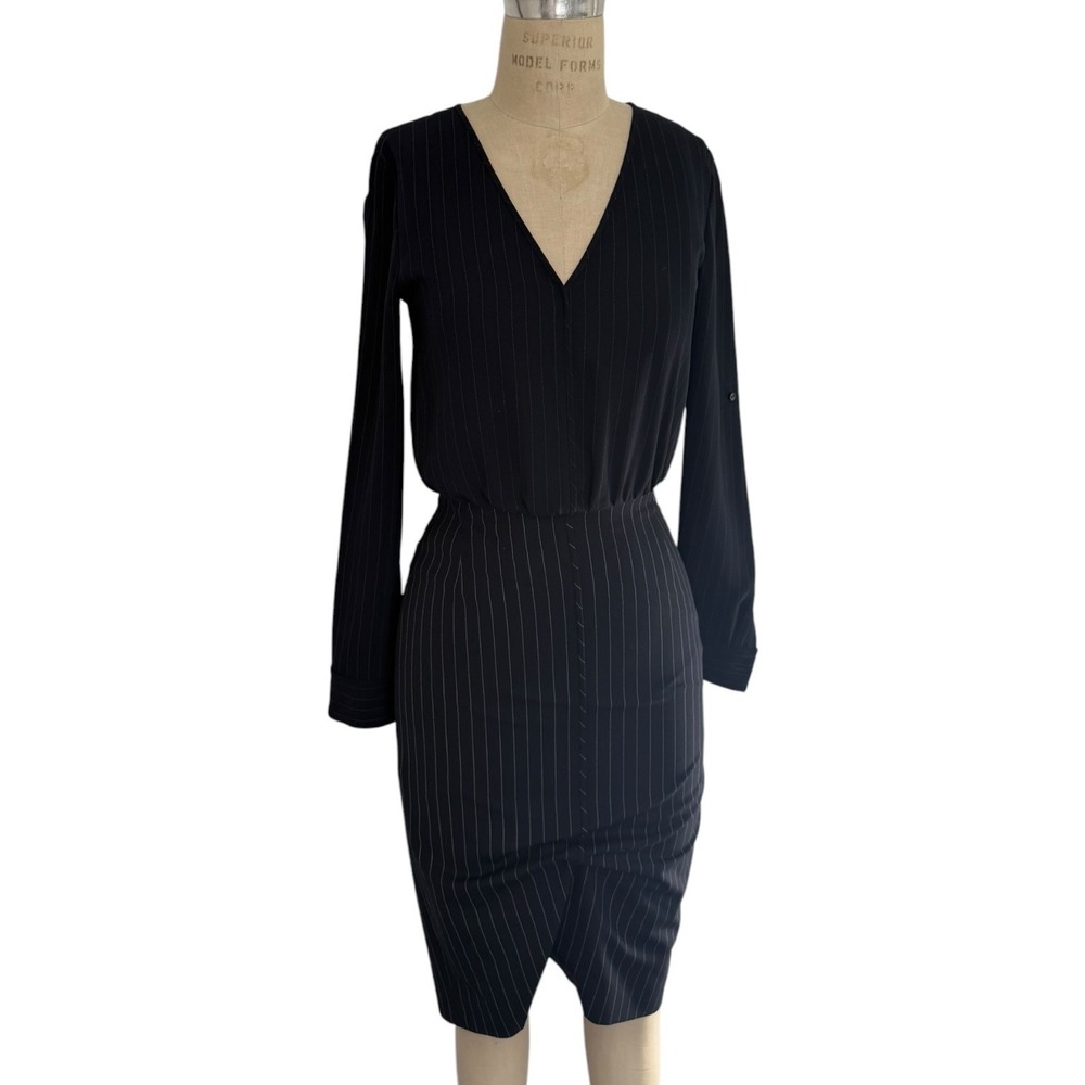 Hugo Boss Dress Womens 0 Black Pinstripe V-Neck Long Sleeve Knee Length Dunka